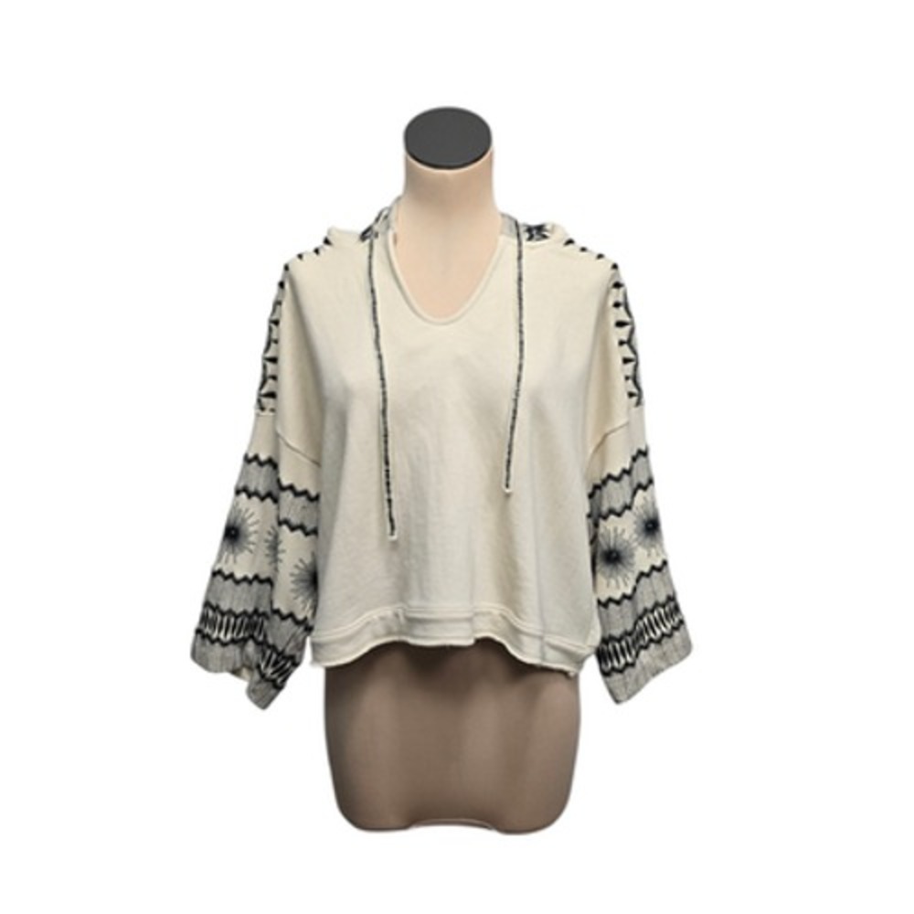 Anthropologie Hoodie Womens Small Cream Black‎ Embroidered Sleeve Cropped Boho